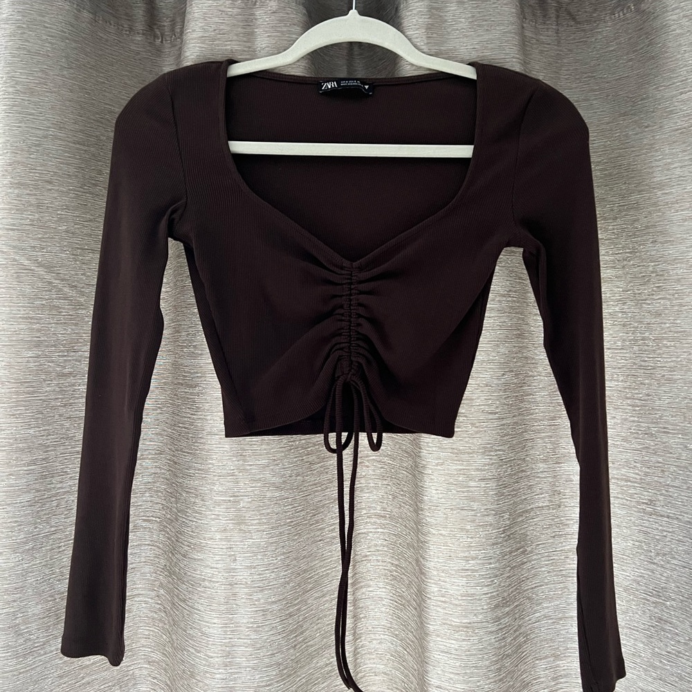 ZARA Brown cropped long sleeve with cinch tie